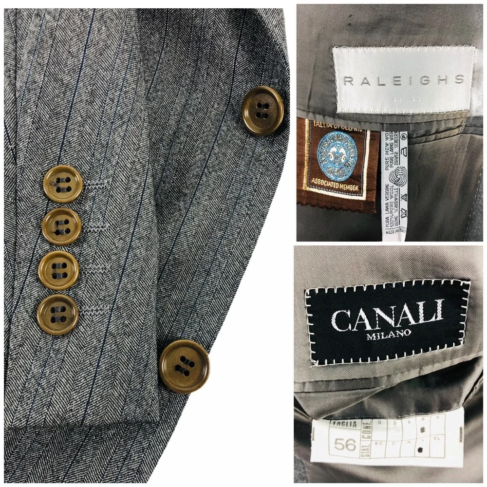 Canali Mens 46 56 Long Blazer Gray Herringbone Striped 100% Wool 2 Button Italy